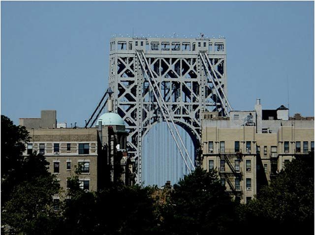 View of the George Washington Bridge, as seen from across the Harlem River in Highbridge Park in the Bronx.